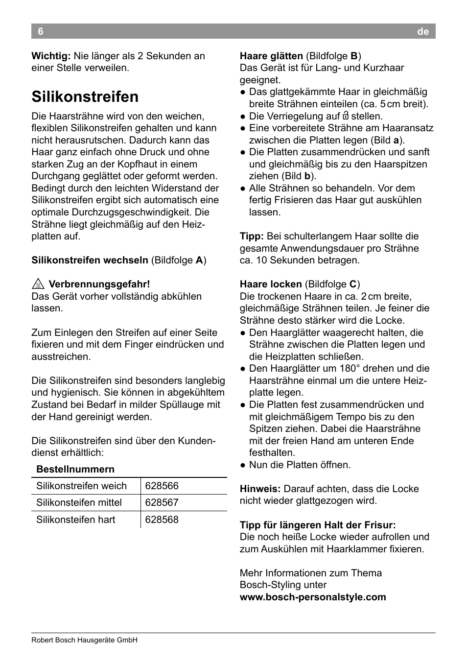 Silikonstreifen | Bosch PHS9460 Haarglätter ProSalon SleekStylist User Manual | Page 8 / 116