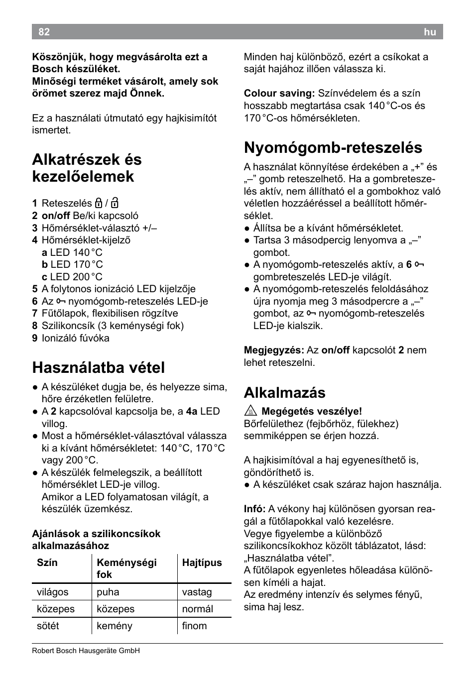 Alkatrészek és kezelőelemek, Használatba vétel, Nyomógomb-reteszelés | Alkalmazás | Bosch PHS9460 Haarglätter ProSalon SleekStylist User Manual | Page 84 / 116