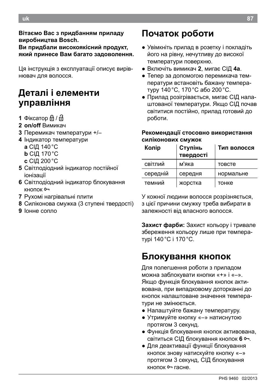 Деталі і елементи управління, Початок роботи, Блокування кнопок | Bosch PHS9460 Haarglätter ProSalon SleekStylist User Manual | Page 89 / 116