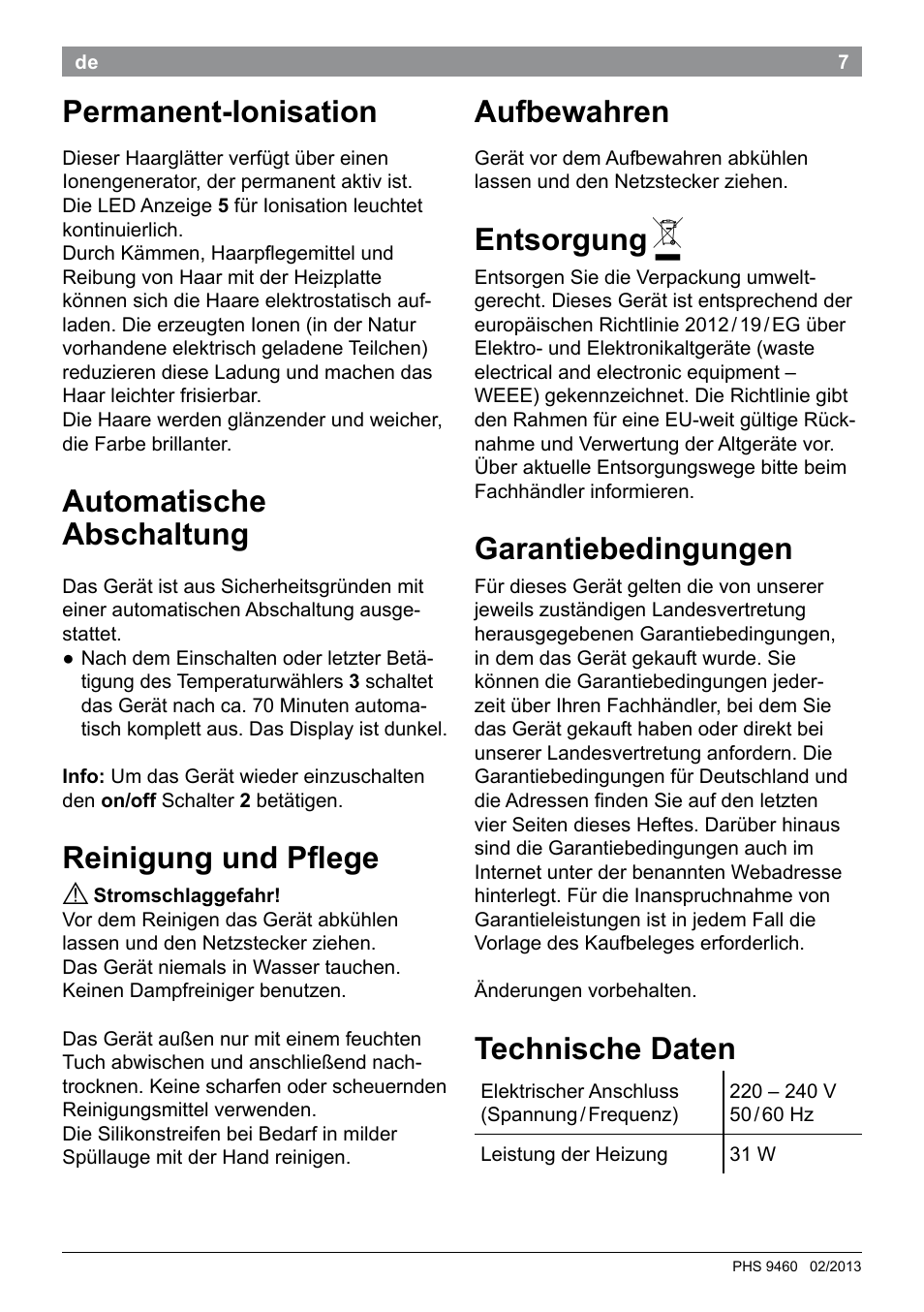 Permanent-ionisation, Automatische abschaltung, Reinigung und pflege | Aufbewahren, Entsorgung, Garantiebedingungen, Technische daten | Bosch PHS9460 Haarglätter ProSalon SleekStylist User Manual | Page 9 / 116