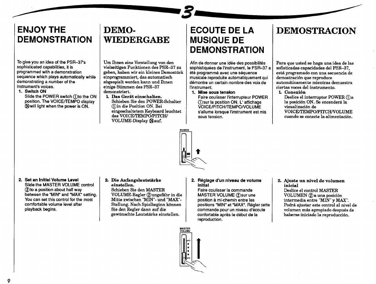 Enjoy the demonstration, Switch on, Demo | Wiedergabe, Ecoute de la musique de demonstration, Mise sous tension, Set an initial volume level, Réglage d'un niveau de volume initial, Wedergabe, Demo­ wiedergabe | Yamaha PSR-37 User Manual | Page 10 / 30