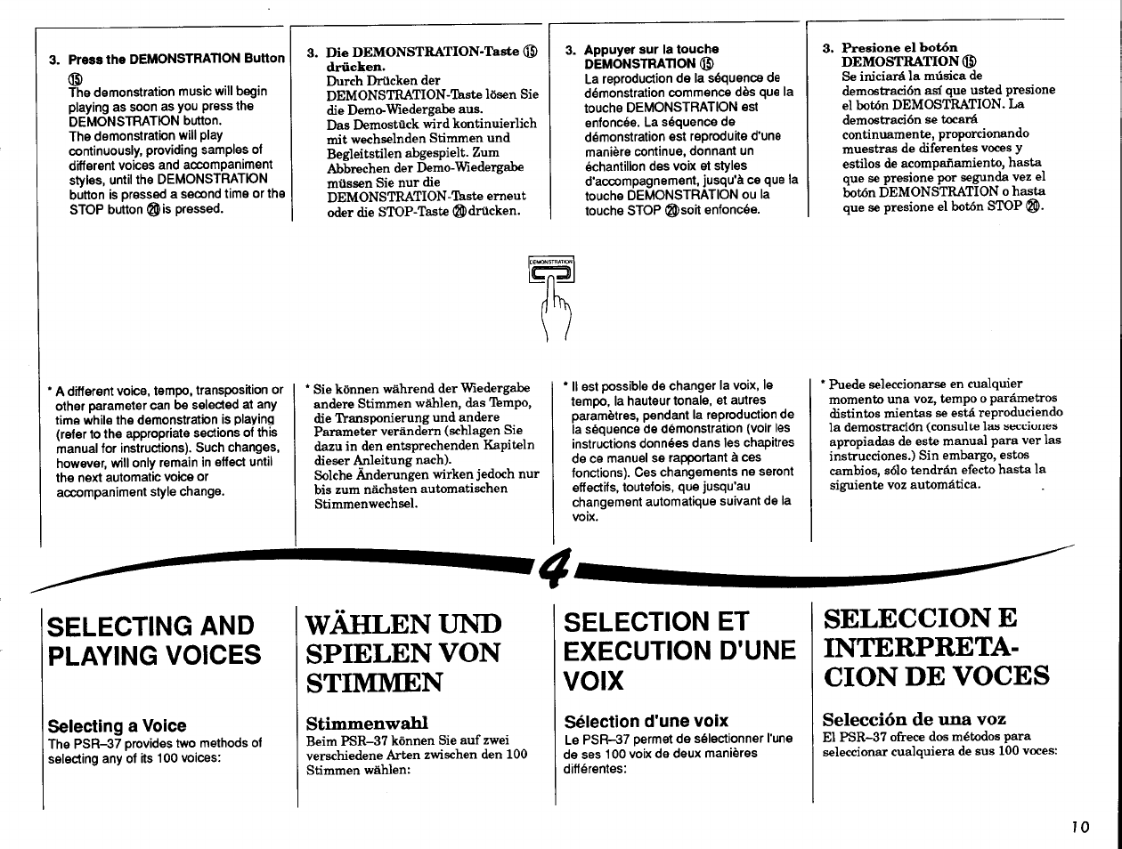 Press the demonstration button, Appuyer sur la touche demonstration, Selecting a voice | Sélection d'une voix, Wahlen und spielen von stimmen, Seleccion e interpreta­ cion de voces, Selecting and playing voices, Selection et execution d'une voix, Stimmenwahl, Selección de una voz | Yamaha PSR-37 User Manual | Page 11 / 30