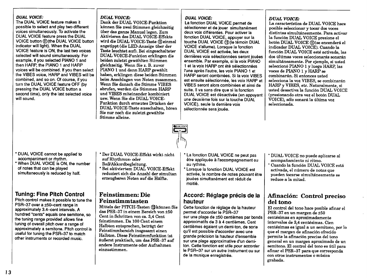 Feinstimmen: die feinstimmtasten, Afinación: control preciso del tono, Tuning: fine pitch control | Accord: réglage précis de la hauteur | Yamaha PSR-37 User Manual | Page 14 / 30