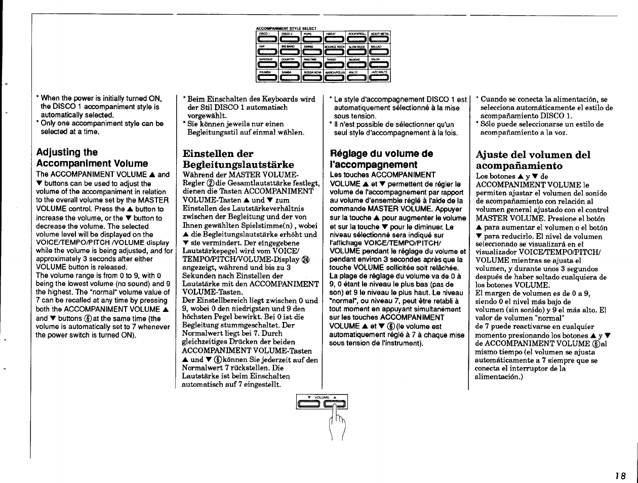 Adjusting the accompaniment voiume, The accompaniment volume a and, Réglage du volume de l'accompagnement | Einstellen der begleitungslautstärke, Ajuste del volumen del acompañamiento | Yamaha PSR-37 User Manual | Page 19 / 30