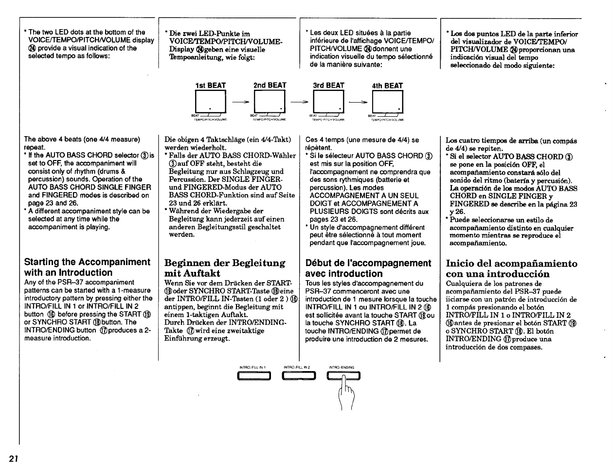 Starting the accompaniment with an introduction, Début de l'accompagnement avec introduction, Intro | Fill, Beginnen der begleitung mit auftakt, Inicio del acompañamiento con lina introducción | Yamaha PSR-37 User Manual | Page 22 / 30
