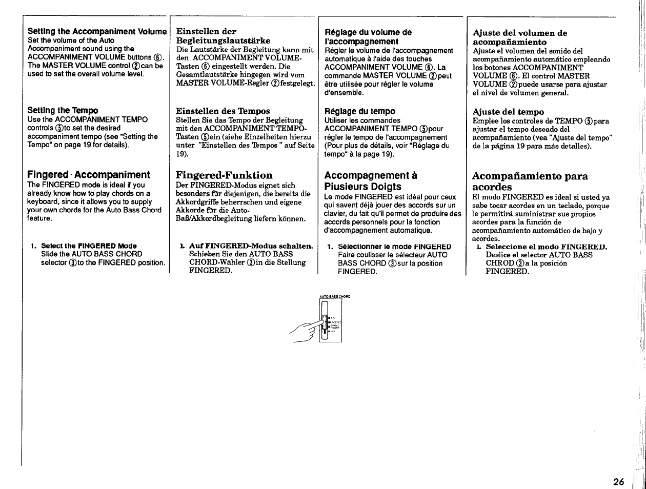 Fingered-funktion, Acompañamiento para acordes, Acompañamiento rítmico | Fingered accompaniment, Accompagnement à plusieurs doigts | Yamaha PSR-37 User Manual | Page 27 / 30
