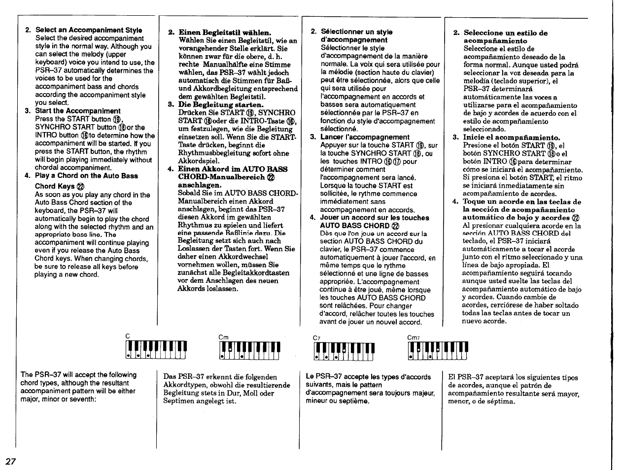 Select an accompaniment style, Start the accompaniment, Play a chord on the auto bass | Chord keys, Sélectionner un style d'accompagnement, Lancer l'accompagnement, Jouer un accord sur les touches auto bass chord | Yamaha PSR-37 User Manual | Page 28 / 30