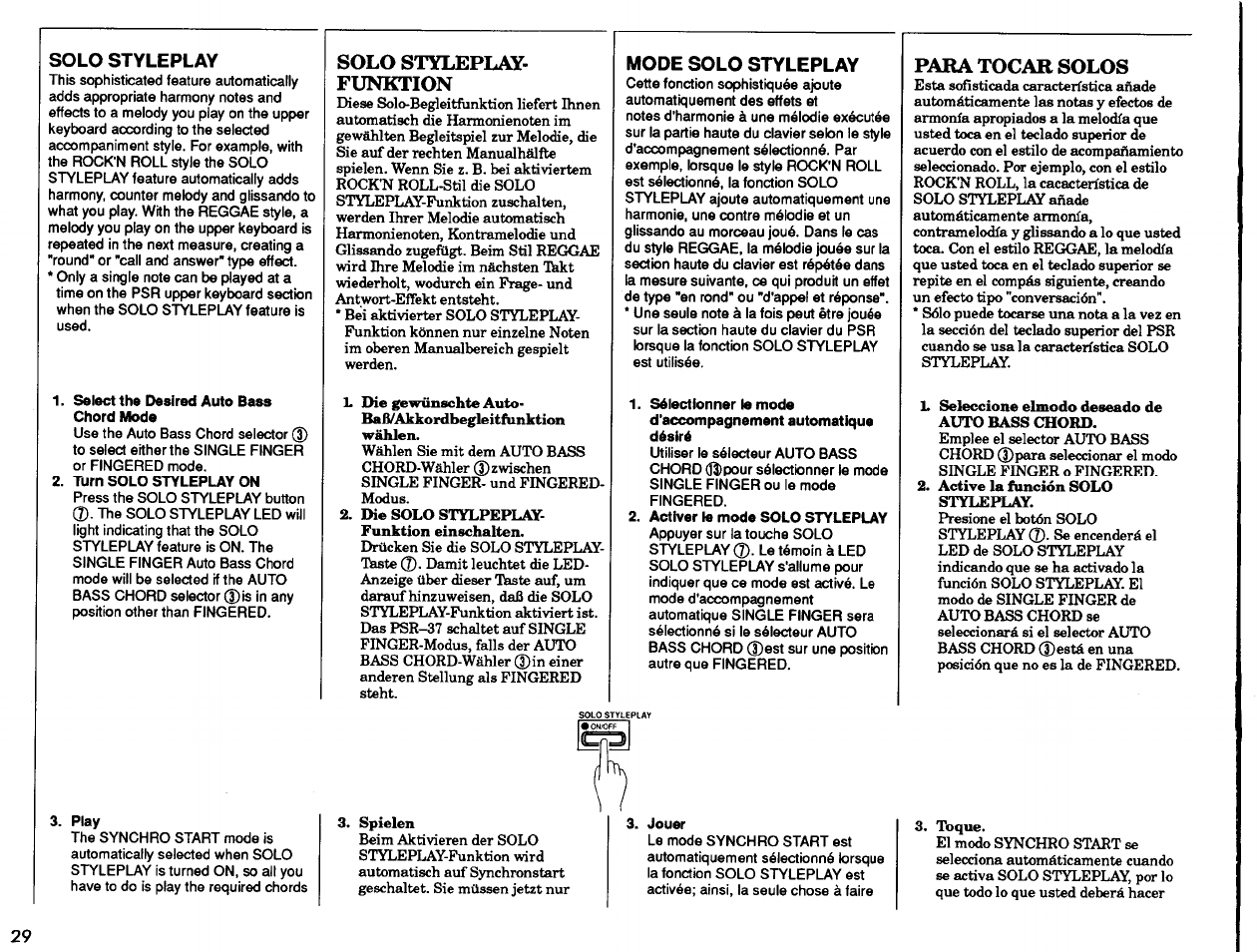 Solo styleplay, Select the desired auto bass chord mode, Play | Solo styleplayfunktion, Mode solo styleplay, Activer le mode solo styleplay, Jouer, Para tocar solos, Solo styleplay-funktion, Mode sok) styleplay | Yamaha PSR-37 User Manual | Page 30 / 30