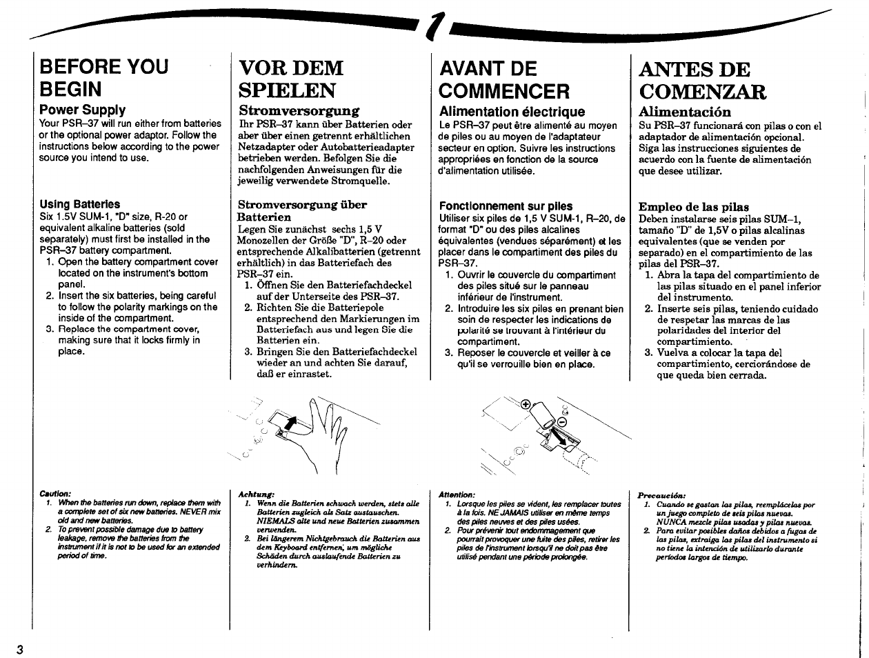 Before you begin, Power supply, Vor dem spielen | Stromversorgung, Stromversorgung über batterien, Avant de commencer, Alimentation électrique, Antes de comenzar, Alimentación, Empleo de las pilas | Yamaha PSR-37 User Manual | Page 4 / 30