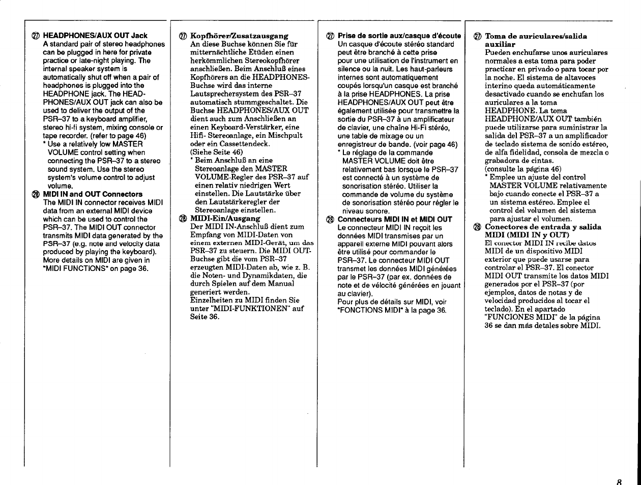 Headphones/aux out jack, Prise de sortie aux/casque d'écoute | Yamaha PSR-37 User Manual | Page 9 / 30