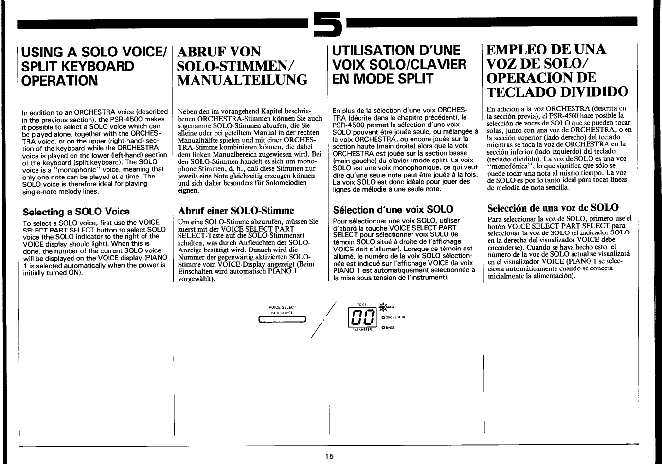 Selecting a solo voice, Abruf einer solo-stimme, Sélection d'une voix solo | Selección de una voz de solo, Selecting an orchestra voice, Sélection d'une voix orchestra, Abruf von solo-stbvfmen/ manualteilung, Using a solo voice/ split keyboard operation, Utilisation d'une voix solo/clavier en mode split | Yamaha PSR-4500 User Manual | Page 17 / 48