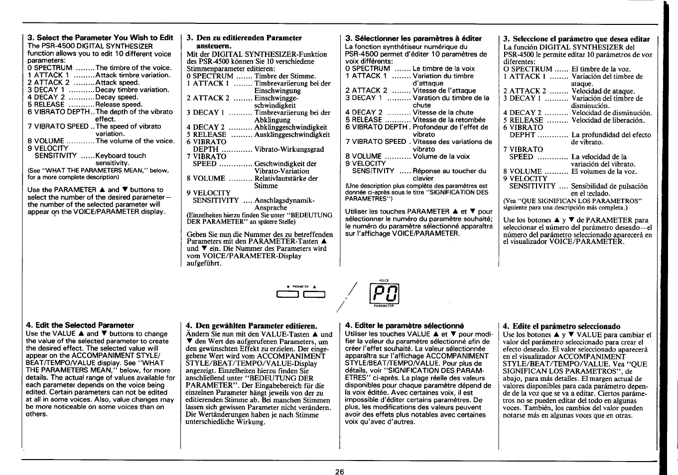 Select the parameter you wish to edit, Den zu editierenden parameter ansteuem, Sélectionner les paramètres à éditer | Seleccione el parámetro que desea editar, Edit the selected parameter, Den gewählten parameter editieren, Editer te paramètre sélectionné, Edite el parámetro seleccionado | Yamaha PSR-4500 User Manual | Page 28 / 48