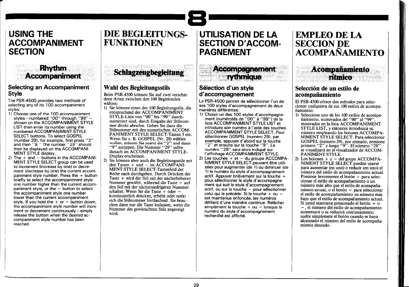 Rhy^m, Accompimiirmnt, Selecting an accompaniment style | Schlagzai^bciieitiiiig, Wahl des begleitungsstils, Sélection d'un style d'accompagnement, A<»flapañíubímito, Rítmico, Selección de un estilo de acompañamiento, Die begleitungs­ funktionen | Yamaha PSR-4500 User Manual | Page 31 / 48