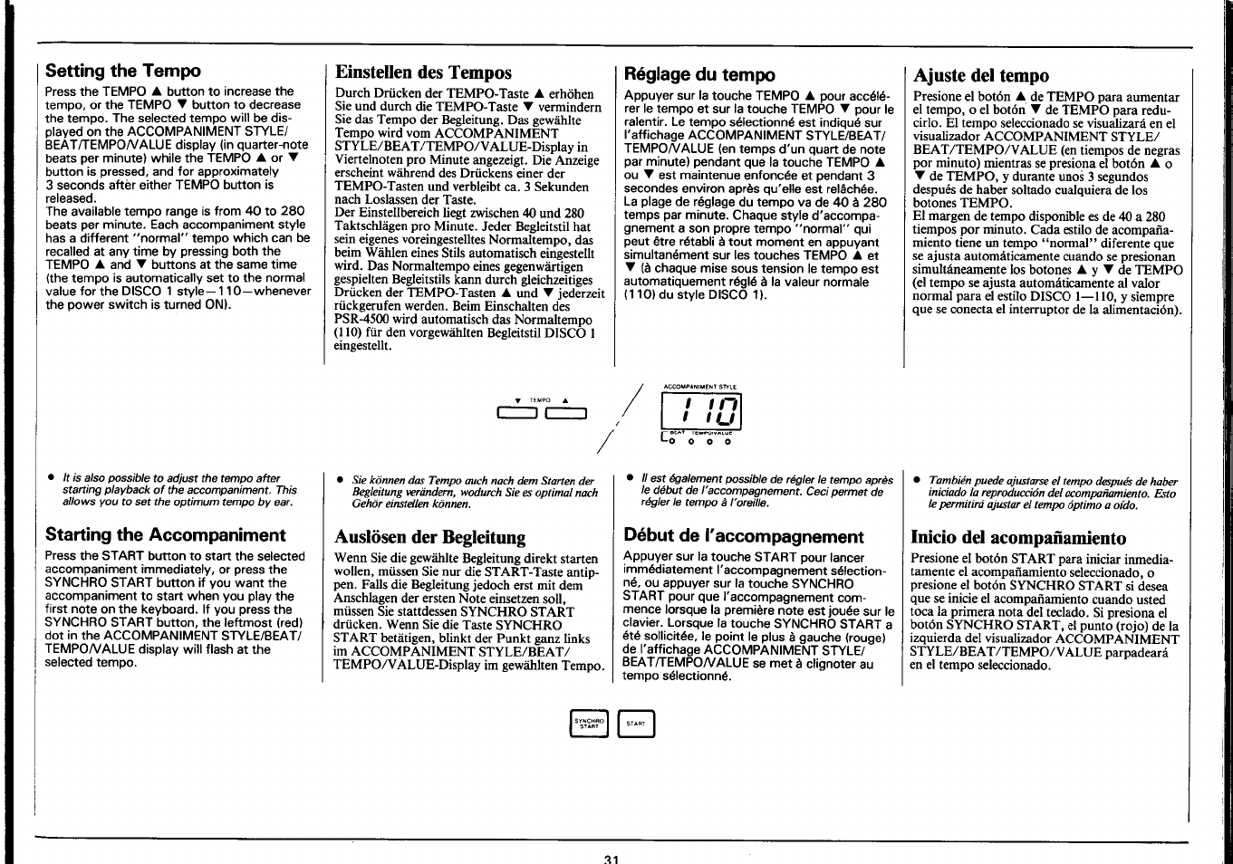 Setting the tempo, Einstellen des tempos, Réglage du tempo | Ajuste del tempo, Starting the accompaniment, Auslösen der begleitung, Début de l'accompagnement, Inicio del acompañamiento | Yamaha PSR-4500 User Manual | Page 33 / 48