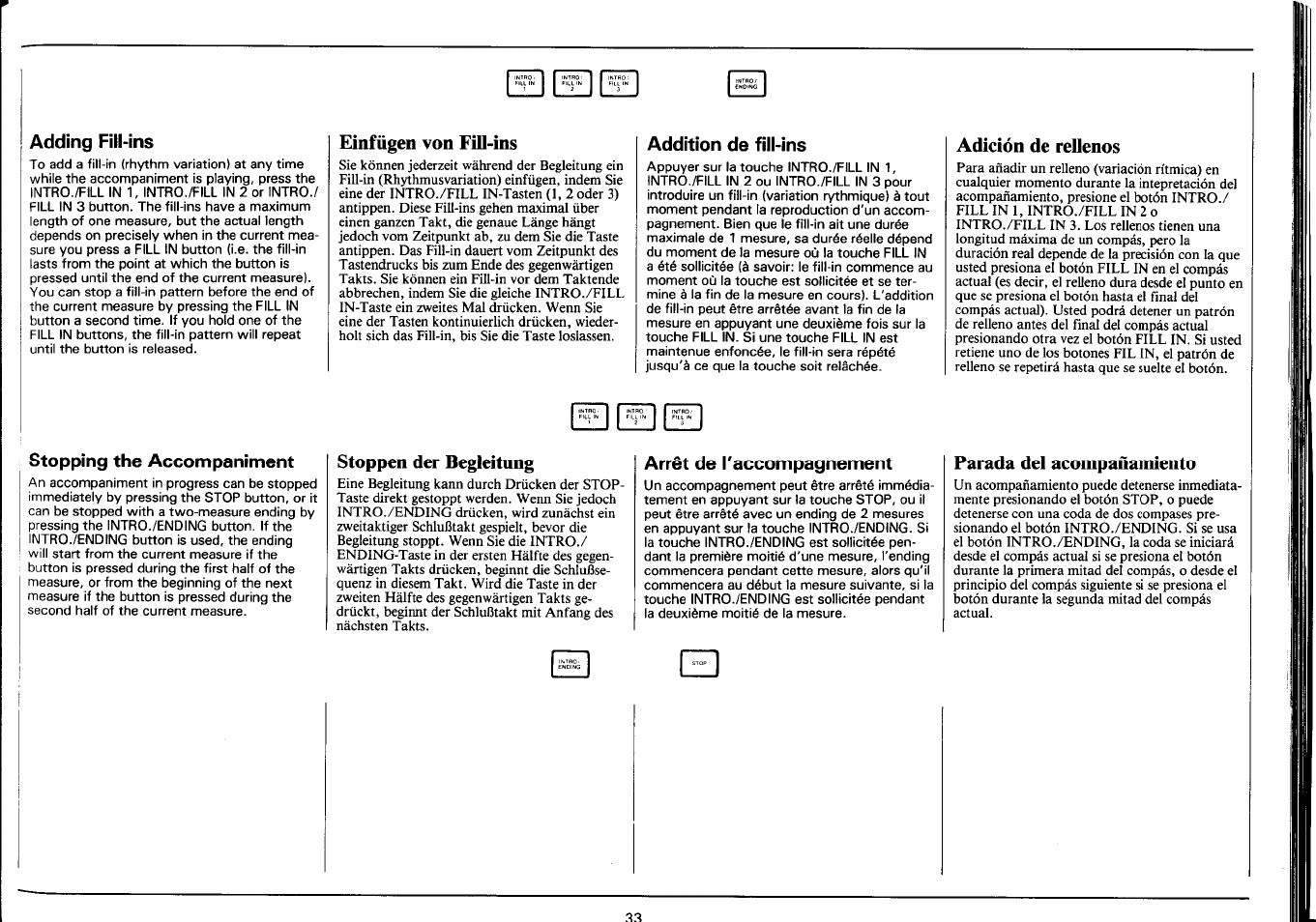 Adding fill-ins, Einfügen von fiil-ins, Addition de fiii-ins | Adición de rellenos, Stopping the accompaniment, Stoppen der begleitung, Arrêt de l'accompagnement, Parada del acompañamiento, Adding fill-ins stopping the accompaniment, Einfügen von fill-ins | Yamaha PSR-4500 User Manual | Page 35 / 48