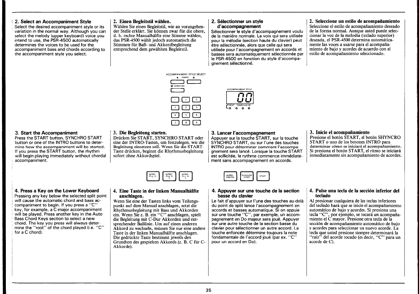 Select an accompaniment style, Einen begleitstil wählen, Sélectionner un style d'accompagnement | Seleccione un estilo de acompañamiento, Start the accompaniment, Die begleitung starten, Lancer l'accompagnement, Inicie el acompañamiento, Press a key on the lower keyboard, Eine taste in der linken manualhälfte anschlagen | Yamaha PSR-4500 User Manual | Page 37 / 48