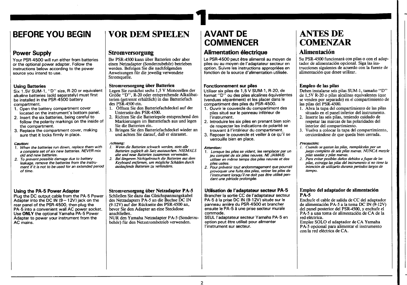 Before you begin, Power supply, Using batteries | Using the pa-5 power adapter, Vor dem spielen, Stromversorgung über netzadapter pa-5, Avant de commencer, Alimentation électrique, Fonctionnement sur piles, Utilisation de l'adaptateur secteur pa-5 | Yamaha PSR-4500 User Manual | Page 4 / 48