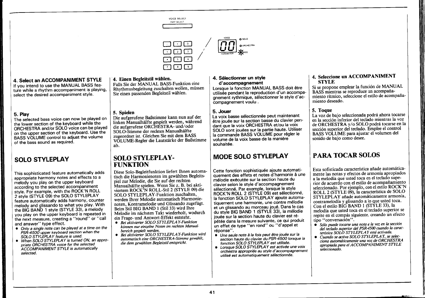 Select an accompaniment style, Play, Solo styleplay | Einen begleitstil wählen, Spielen, Solo styleplayfunktion, Sélectionner un style d'accompagnement, Jouer, Mode solo styleplay, Seleccione un accompaniment style | Yamaha PSR-4500 User Manual | Page 43 / 48