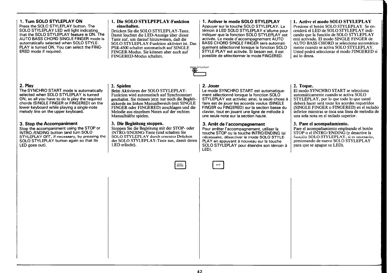 Turn solo styleplay on, Play, Stop the accompaniment | Die solo stylpeplay-funktion einschalten, Activer le mode solo styleplay, Spielen, Die begleitung stoppen, Jouer, Arrêt de l'accompagnement, Active el modo solo styleplay | Yamaha PSR-4500 User Manual | Page 44 / 48