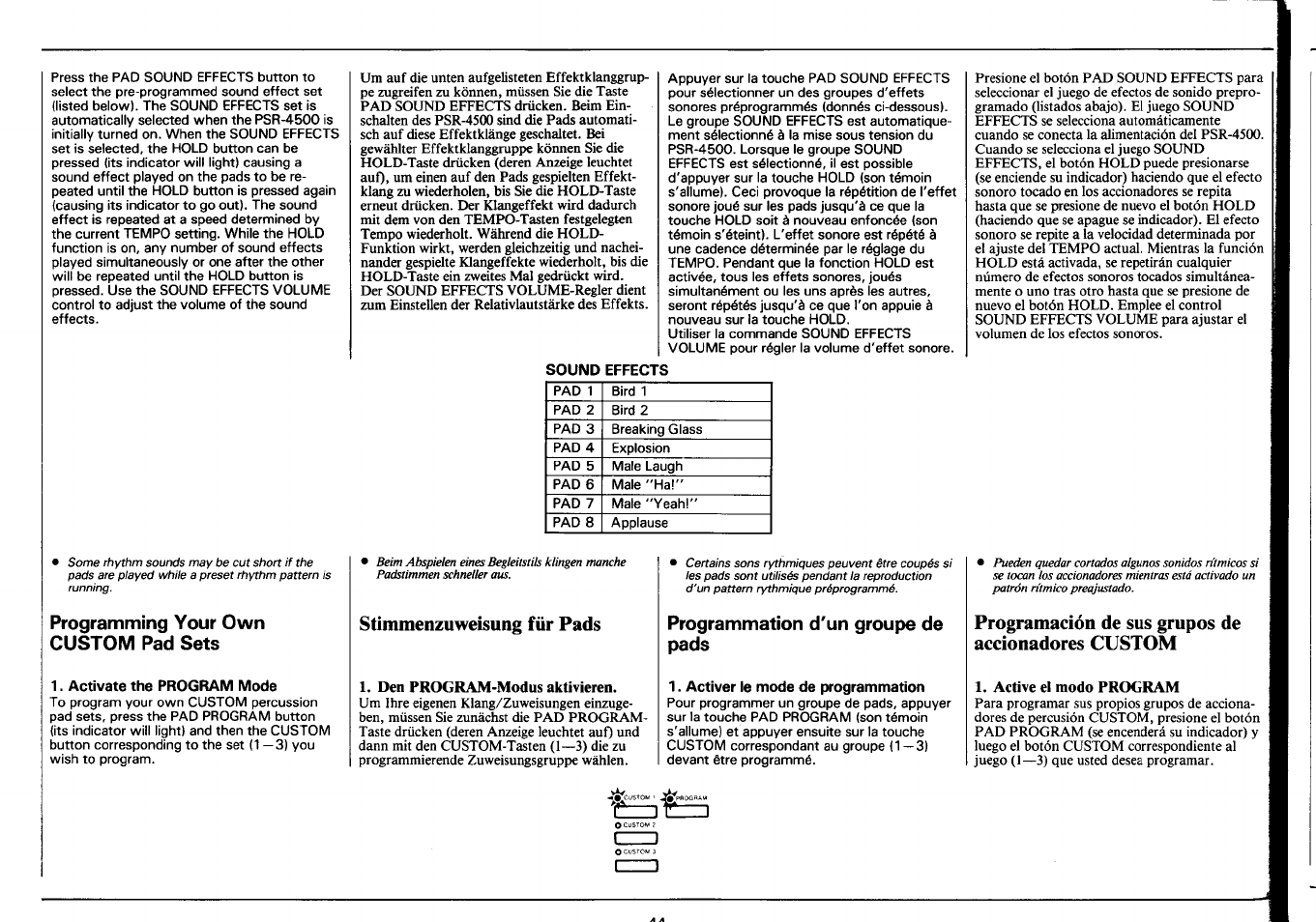 Sound effects, Programming your own custom pad sets, Activate the program mode | Stimmenzuweisung für pads, Den program-modus aktivieren, Programmation d'un groupe de pads, Activer le mode de programmation, Programación de sus grupos de accionadores custom, Active el modo program | Yamaha PSR-4500 User Manual | Page 46 / 48