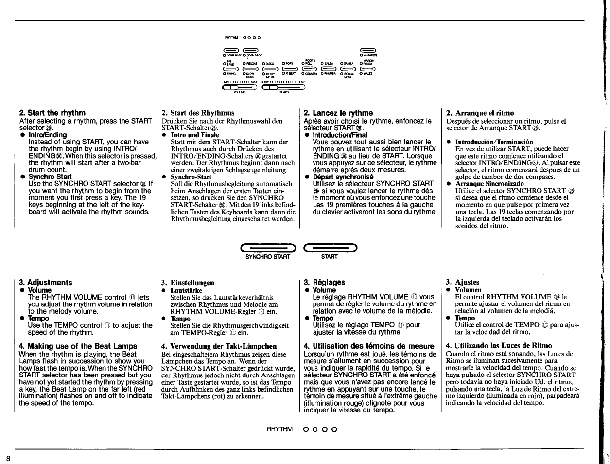 Start the rhythm, Adjustments, 4l making use of the beat lamps | Réglages, Utilisation des témoins de mesure | Yamaha PSR-50 User Manual | Page 10 / 32
