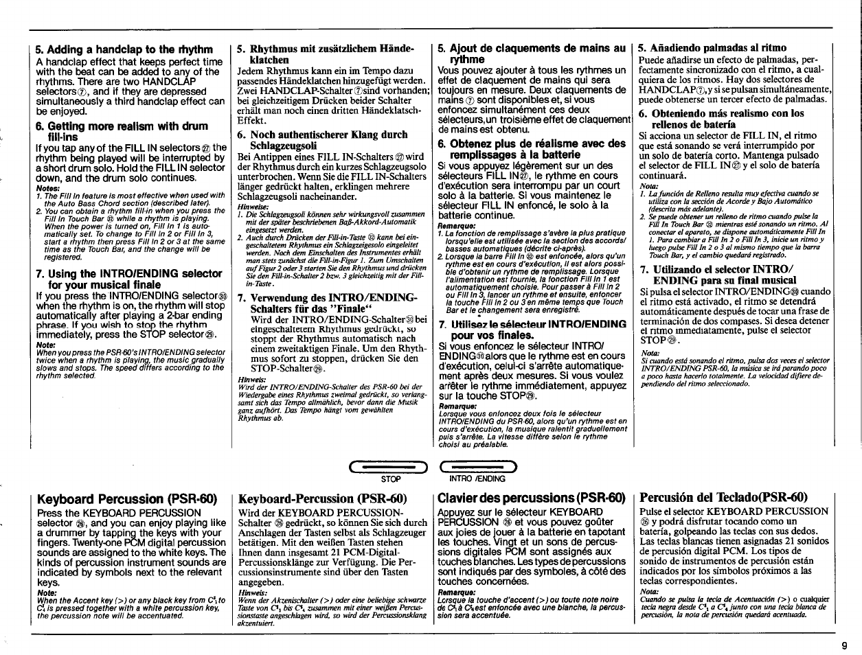 Keyboard percussion (psr-60), Clavier des percussions (psr-60), Keyboard-percussion (psr-60) | Percusión del teclado(psr-60), Adding a handclap to the rhythm, Getting more realism with drum fill-ins, Ajout de claquements de mains au rythme | Yamaha PSR-50 User Manual | Page 11 / 32
