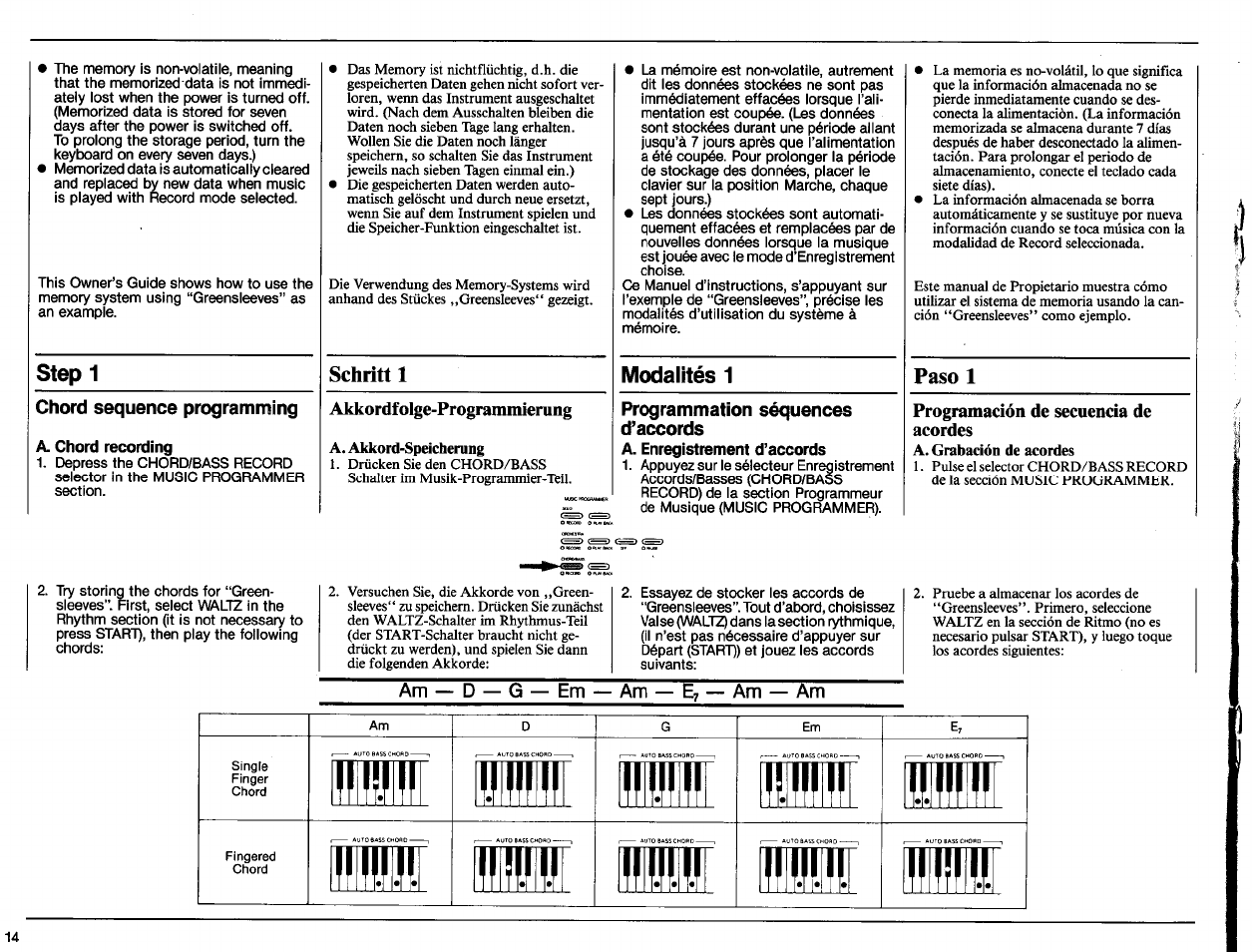 Step 1, Chord sequence programming, A. chord recording | Akkordfolge-prograuuniening, Programmation séquences d’accords, A. enregisttbment d’accords, Programación de secuencia de acordes, Schritt 1, Modalités 1, Am — d — g — em — am — e, — am — am | Yamaha PSR-50 User Manual | Page 16 / 32