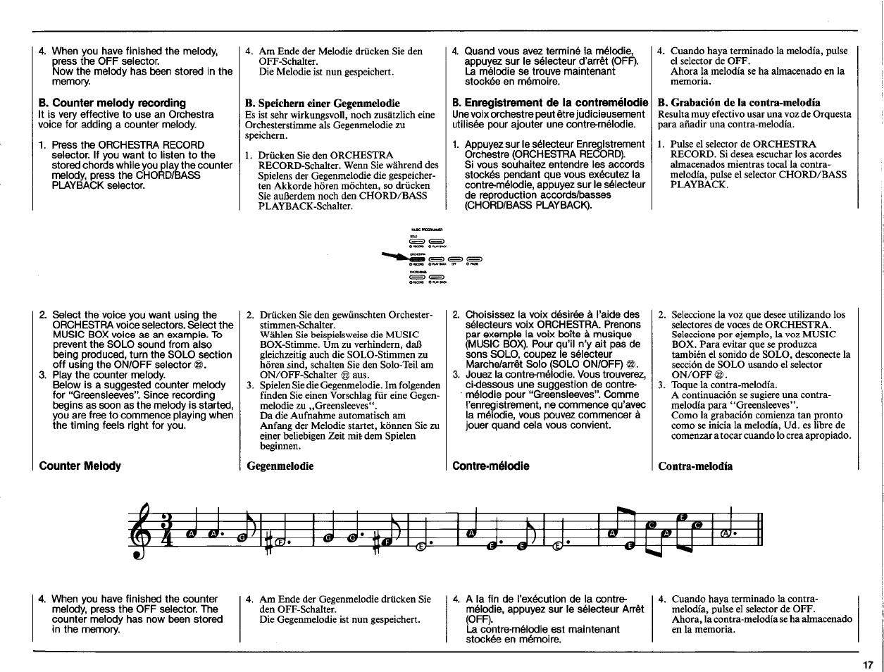 B. counter melody recording, B. enregistrement de la contremélodie, Counter melody | Contre-mélodie | Yamaha PSR-50 User Manual | Page 19 / 32