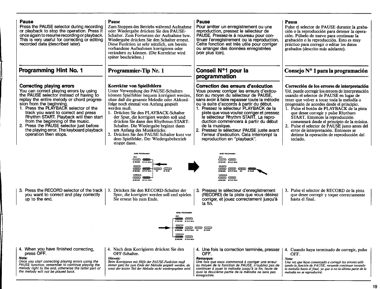 Pause, Programming hint no. 1, Correcting playing errors | Programmier-tip nr. 1, Conseil №1 pour la programmation, Connection des erreurs d’exécution, Consejo 1 para la programación | Yamaha PSR-50 User Manual | Page 21 / 32