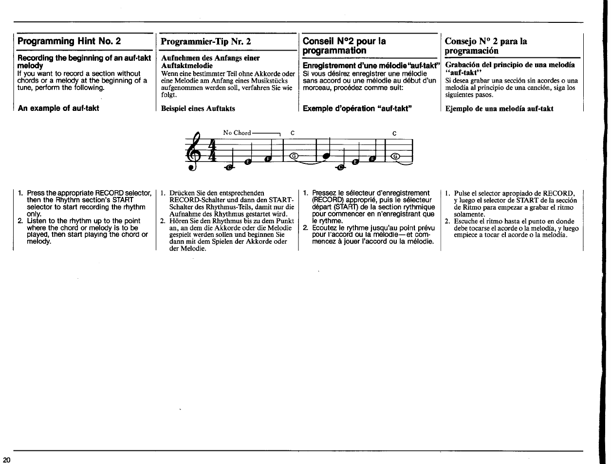 Programming hint no. 2, Recording the beginning of an auf-takt melody, An example of auf-takt | Programmier-tip nr. 2, Conseil №2 pour la programmation, Enregistrement d’une mélodie‘%uf-takf, Exemple d’opération “auf-takt, Consejo n** 2 para la programación | Yamaha PSR-50 User Manual | Page 22 / 32