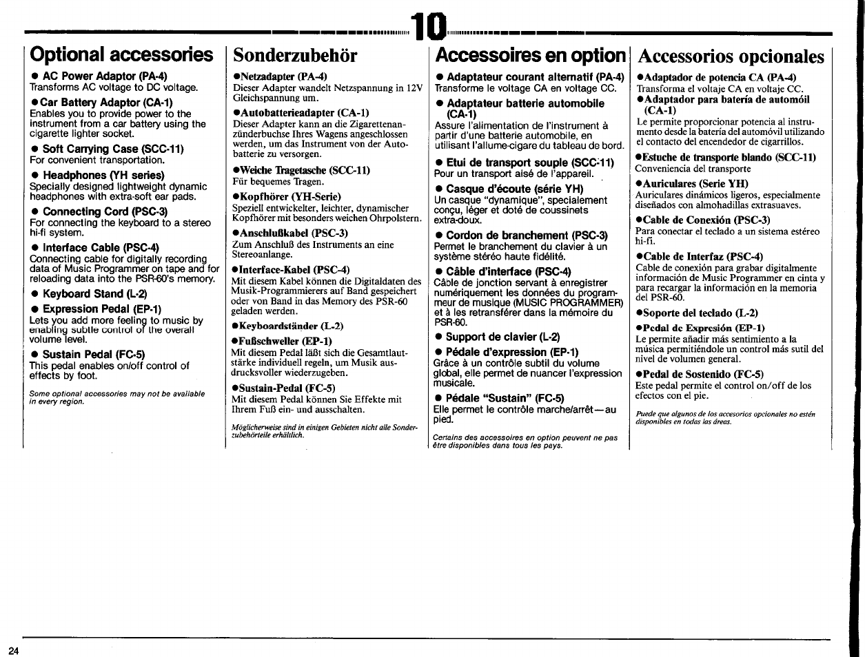 Optional accessories, Ac power adaptor (pa-4), Car battery adaptor (ca-1) | Soft carrying case (scc-11), Headphones (yh series), Connecting cord (psc-3), Interface cable (psc-4), Keyboard stand (l-2), Expression pedal (ep-1), Sustain pedal (fc-5) | Yamaha PSR-50 User Manual | Page 26 / 32