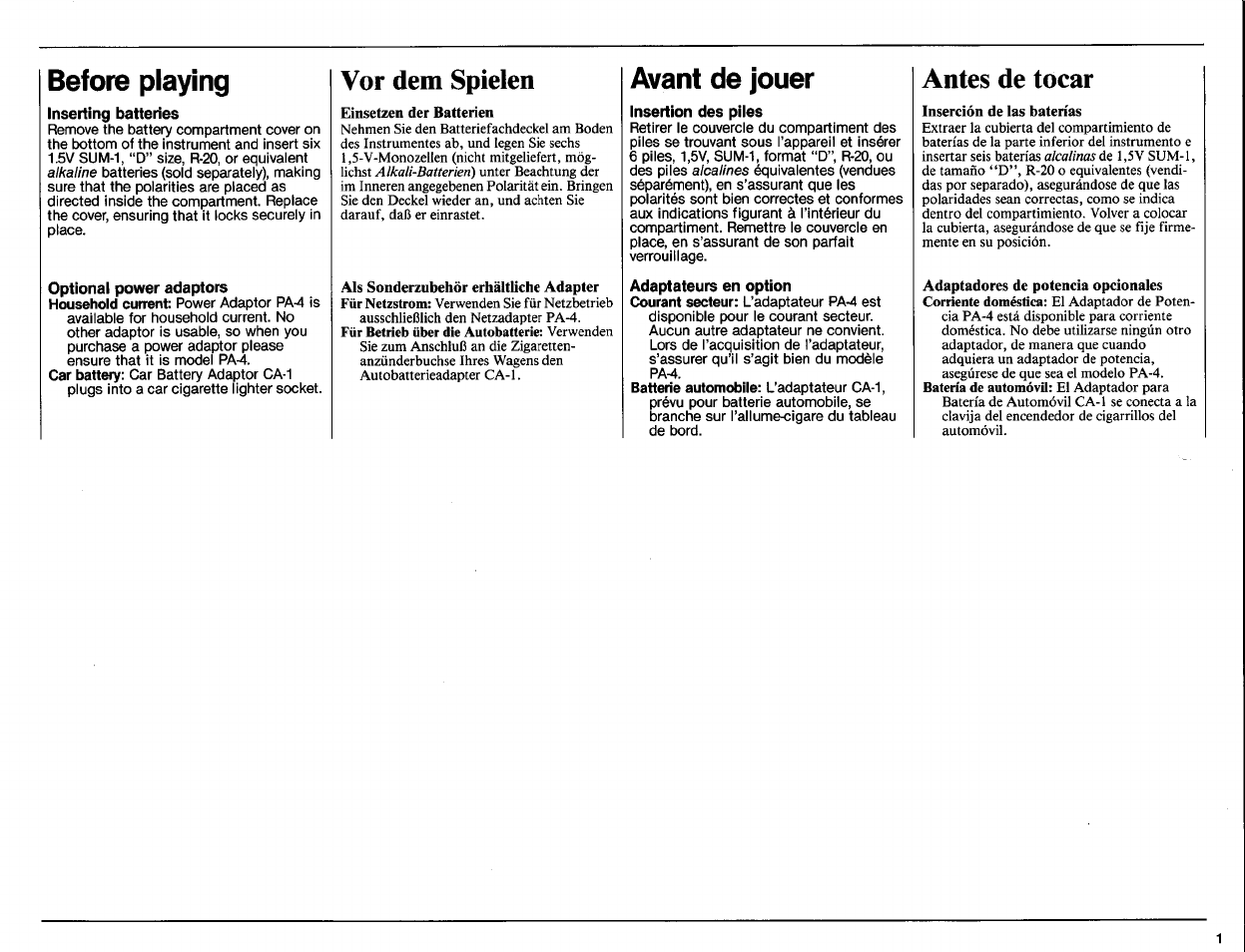 Before playing, Inserting batteries, Avant de jouer | Insertion des piles, Vor dem spielen, Antes de tocar | Yamaha PSR-50 User Manual | Page 3 / 32