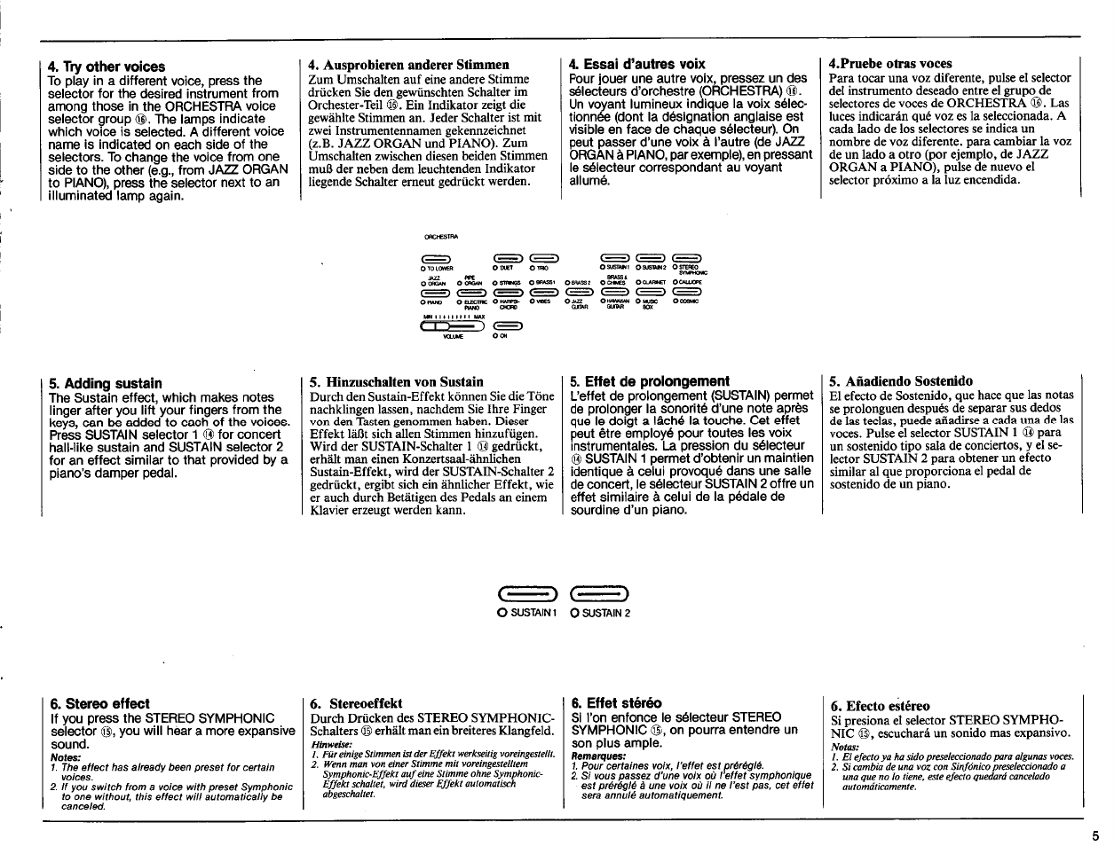 Try other voices, Essai d’autres voix, Adding sustain | Effet de prolongement, Stereo effect, Effet stéréo | Yamaha PSR-50 User Manual | Page 7 / 32