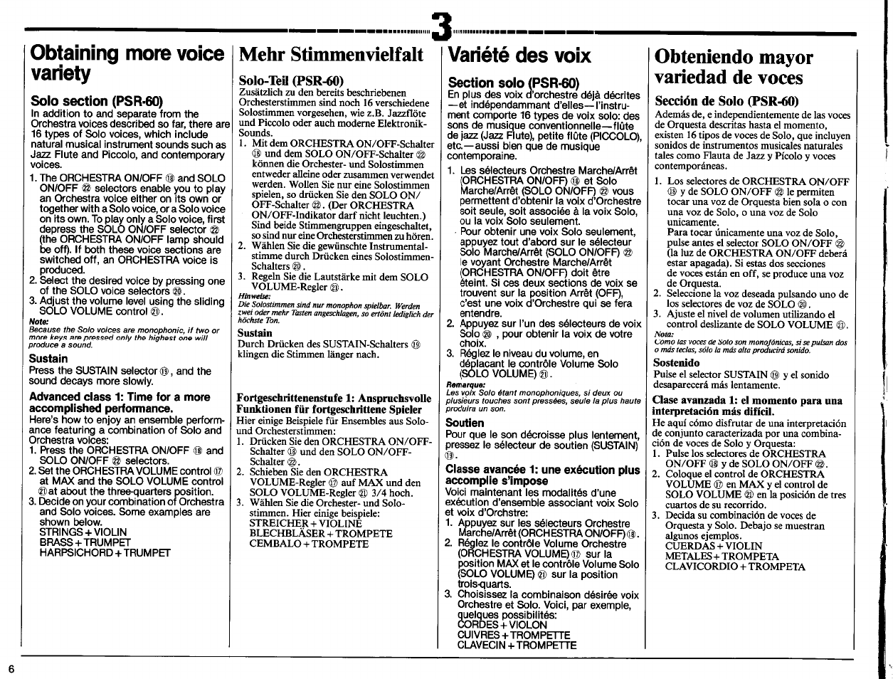 Obtaining more voice variety, Solo section (psr-60), Sustain | Mehr stimmenvielfalt, Solo-teü (psr-60), Variété des voix, Section solo (psr-60), Soutien, Obteniendo mayor variedad de voces, Sección de solo (psr-60) | Yamaha PSR-50 User Manual | Page 8 / 32