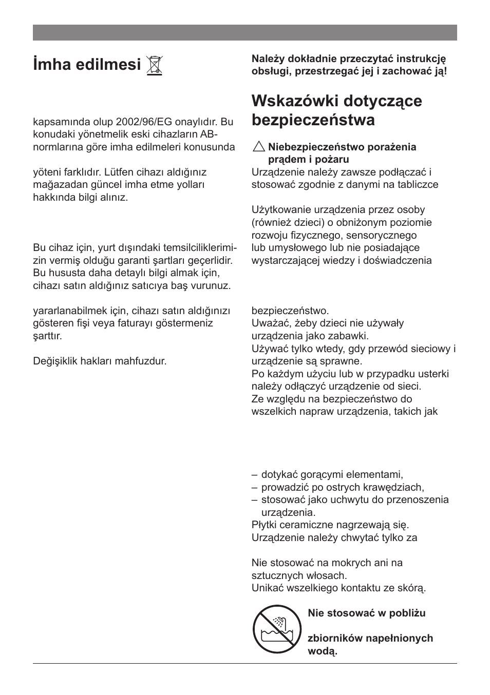 Imha edilmesi, Garanti, Wskazówki dotyczące bezpieczeństwa | Bosch PHS2560 Haarglätter ProSalon Home User Manual | Page 37 / 51