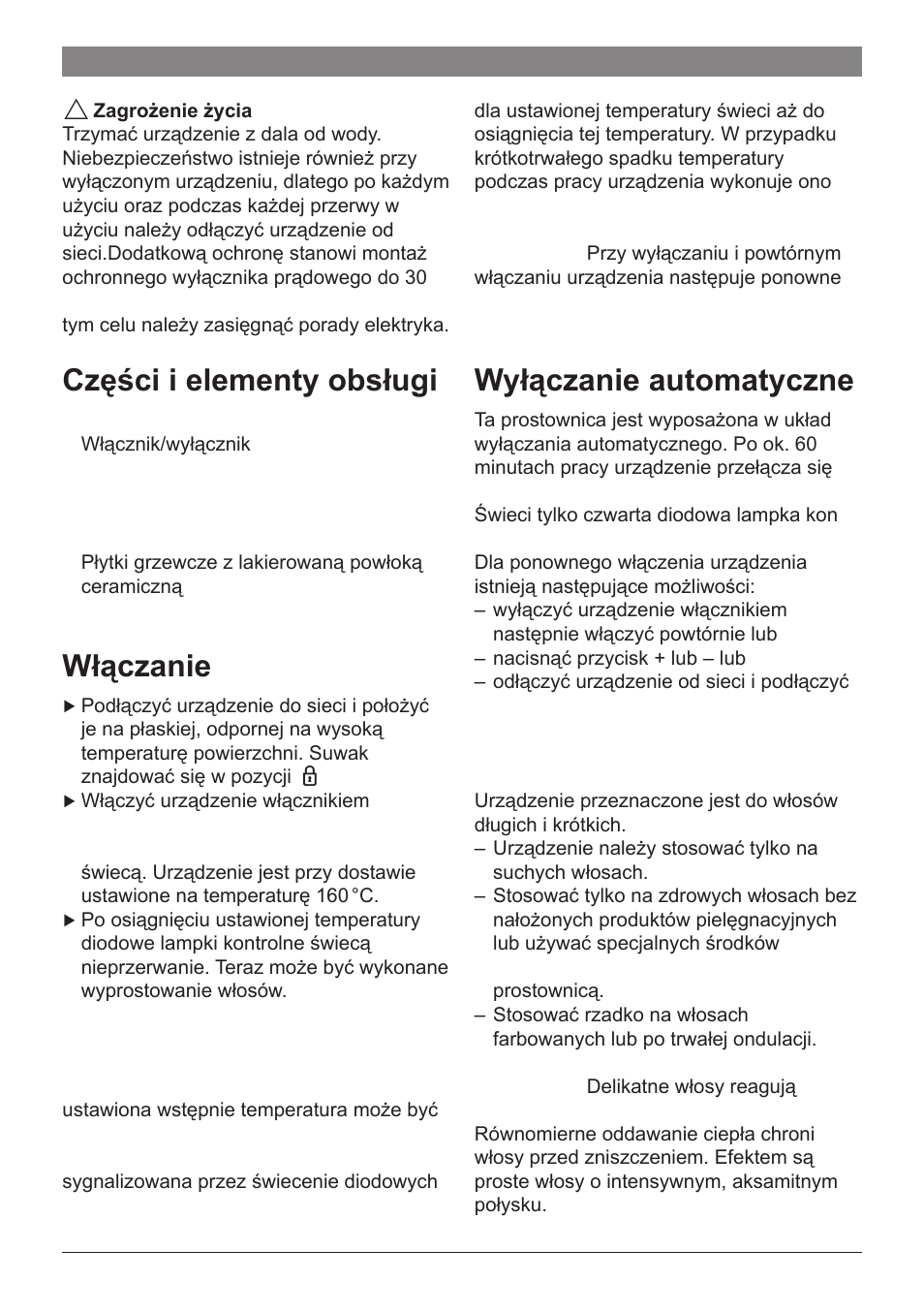 Części i elementy obsługi, Włączanie, Regulacja temperatury | Wyłączanie automatyczne, Zastosowanie | Bosch PHS2560 Haarglätter ProSalon Home User Manual | Page 38 / 51