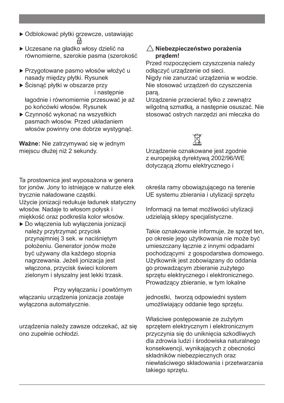 Jonizacja, Czyszczenie i konserwacja, Utylizacja | Bosch PHS2560 Haarglätter ProSalon Home User Manual | Page 39 / 51
