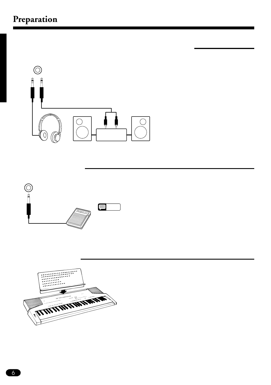 Preparation, Using headphones or an external sound system, The sustain pedal | The music stand | Yamaha PSR-410 User Manual | Page 8 / 61