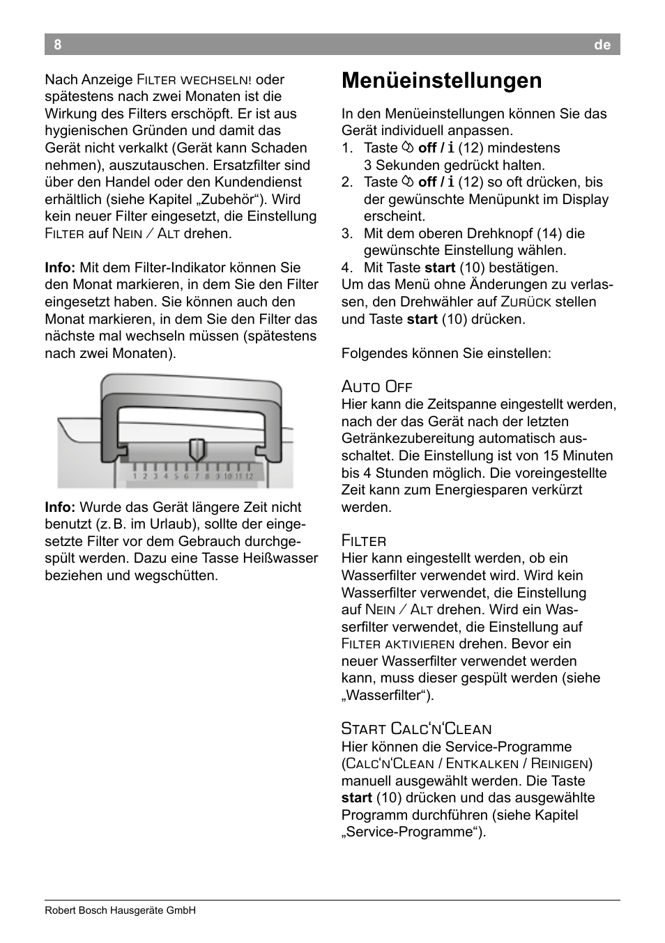 Menüeinstellungen, Auto off, Filter | Start calc‘n‘clean | Bosch TES50251DE VeroCafe Kaffeevollautomat silber User Manual | Page 12 / 90