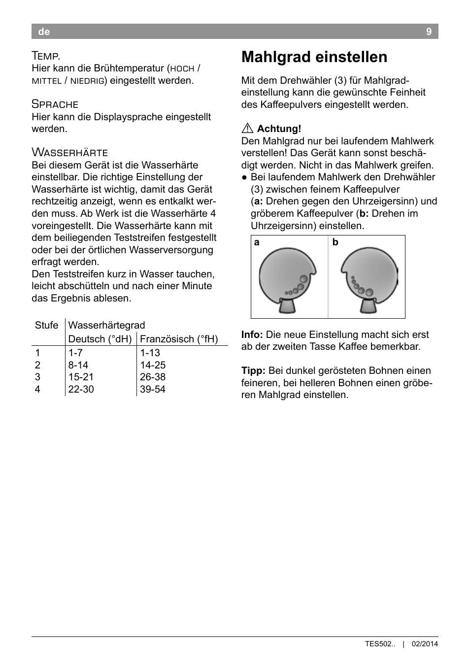 Mahlgrad einstellen, Temp, Sprache | Wasserhärte | Bosch TES50251DE VeroCafe Kaffeevollautomat silber User Manual | Page 13 / 90