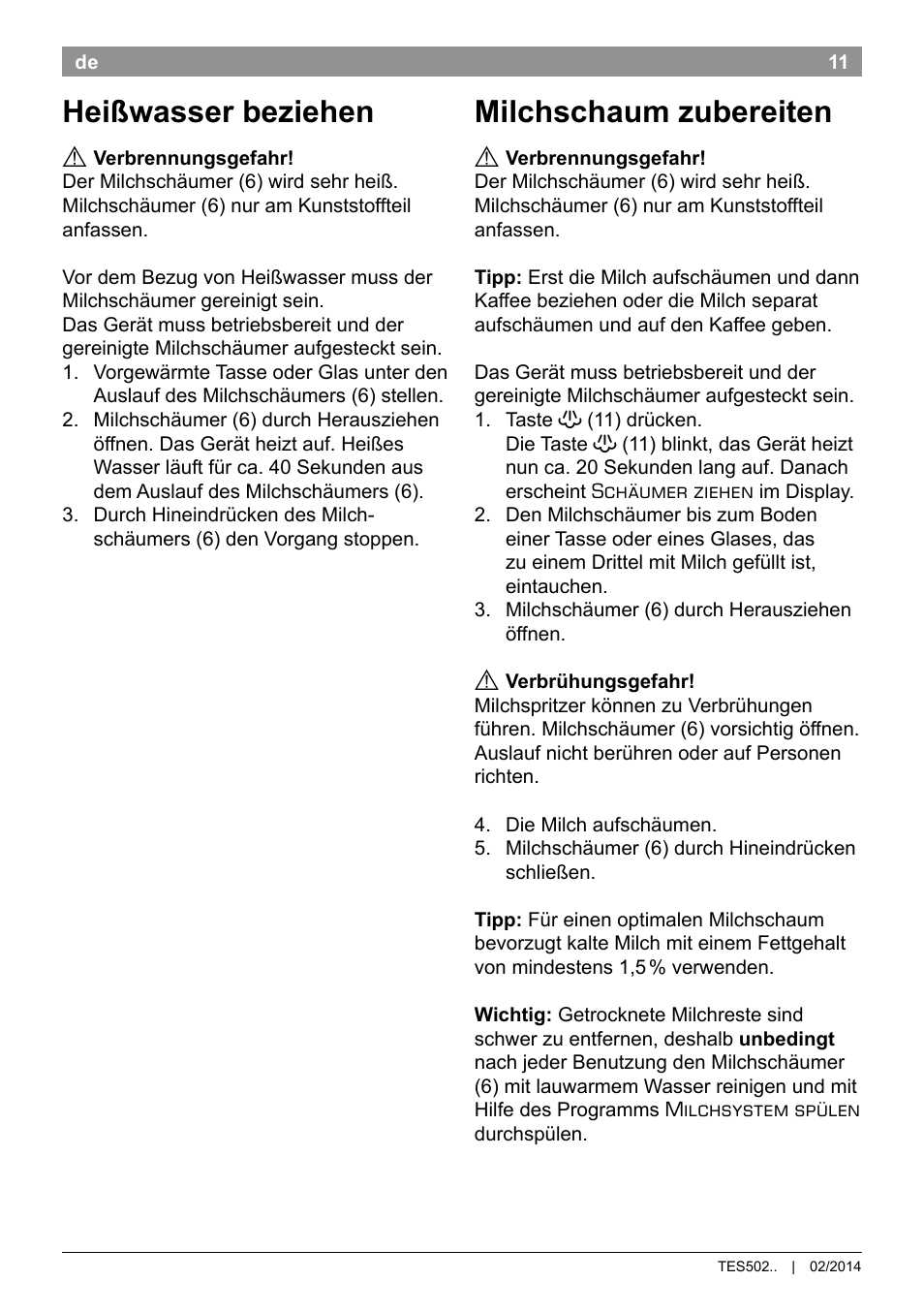 Heißwasser beziehen, Milchschaum zubereiten | Bosch TES50251DE VeroCafe Kaffeevollautomat silber User Manual | Page 15 / 90