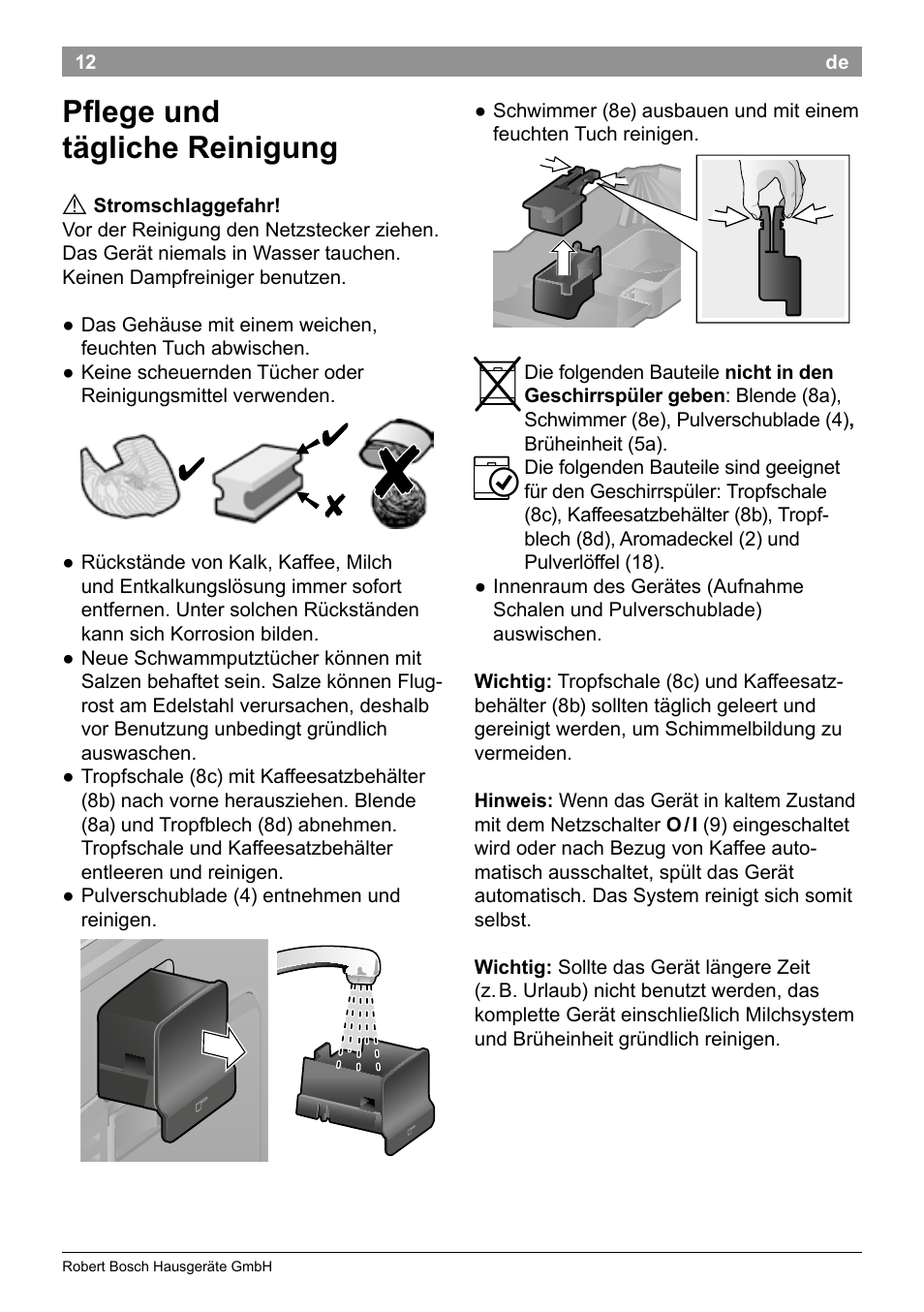 Pflege und tägliche reinigung | Bosch TES50251DE VeroCafe Kaffeevollautomat silber User Manual | Page 16 / 90