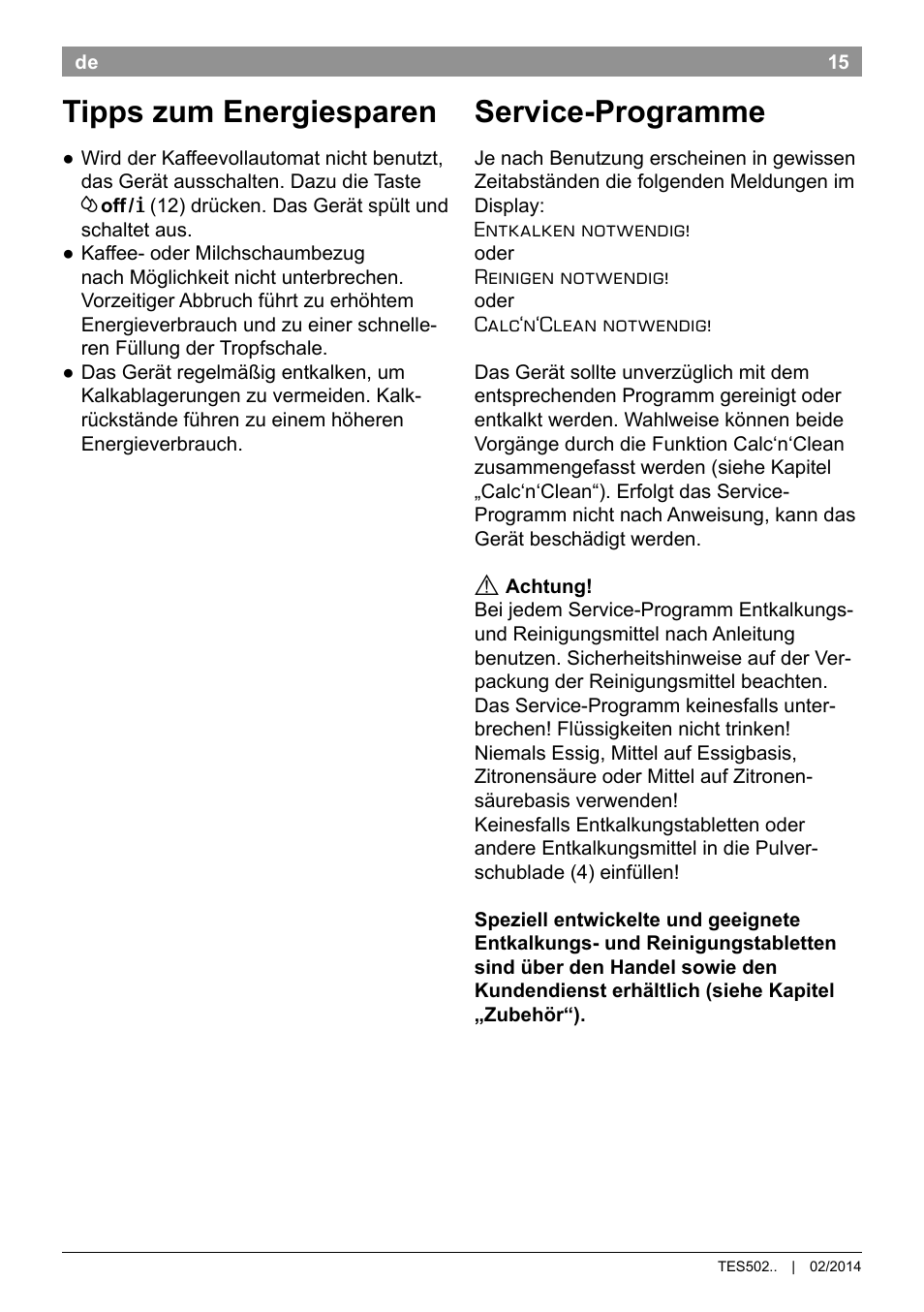 Tipps zum energiesparen, Service-programme | Bosch TES50251DE VeroCafe Kaffeevollautomat silber User Manual | Page 19 / 90