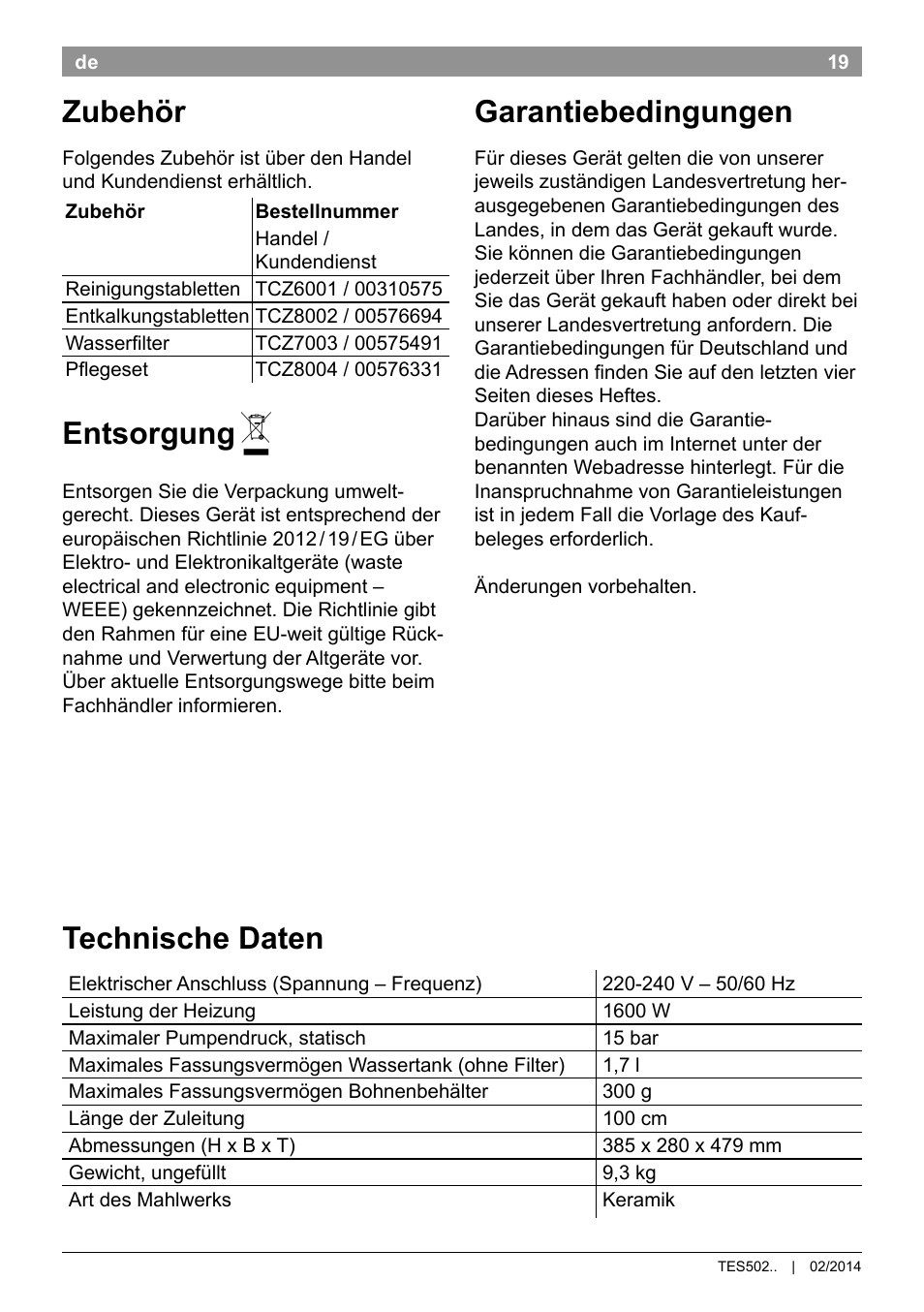 Zubehör, Entsorgung, Garantiebedingungen | Technische daten | Bosch TES50251DE VeroCafe Kaffeevollautomat silber User Manual | Page 23 / 90