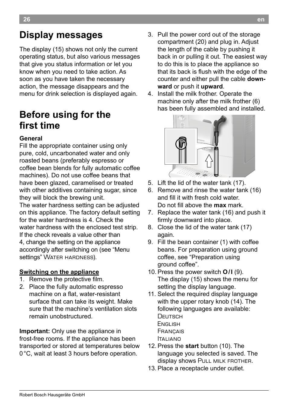 Display messages, Before using for the first time | Bosch TES50251DE VeroCafe Kaffeevollautomat silber User Manual | Page 30 / 90