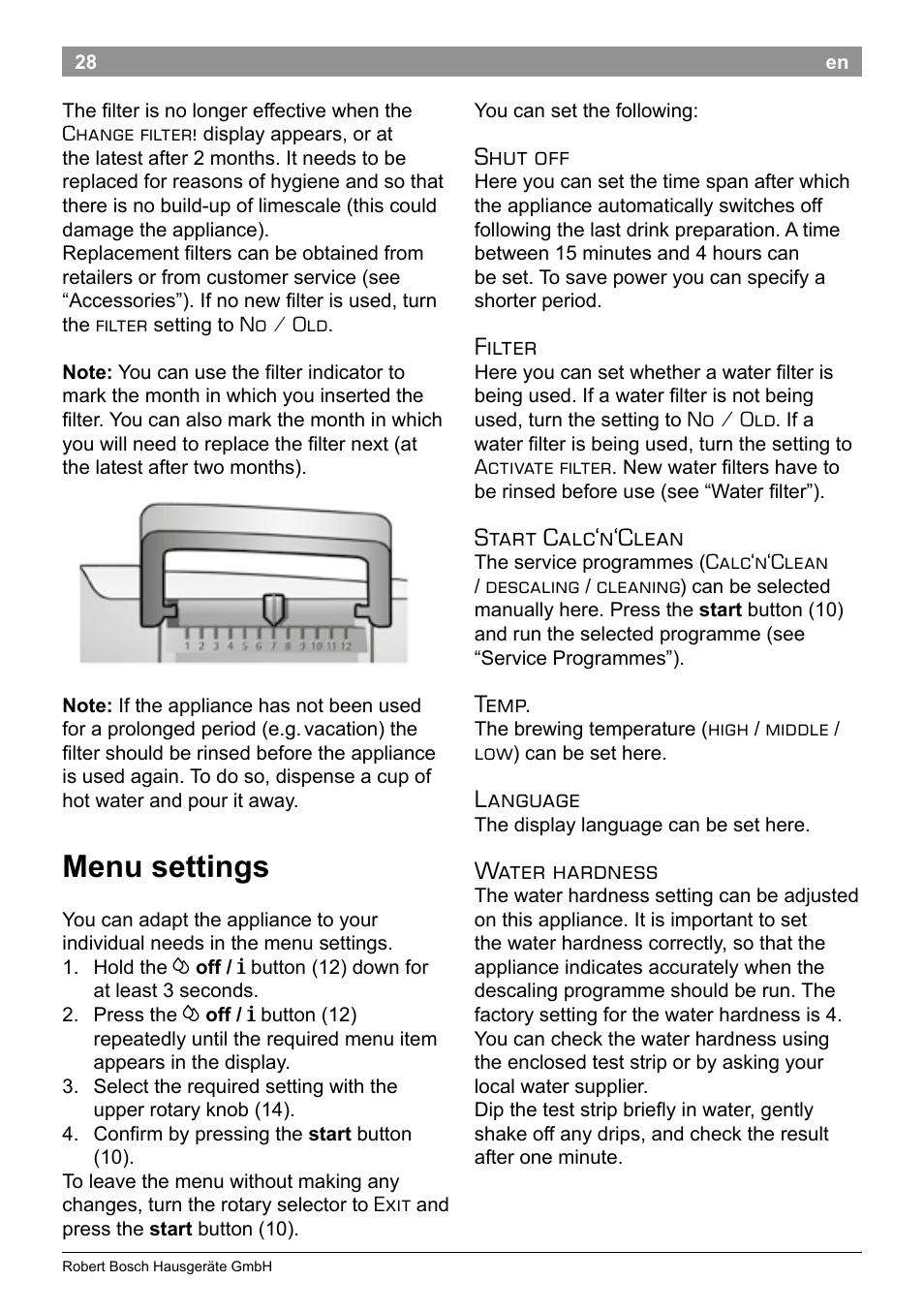 Menu settings, Shut off, Filter | Start calc‘n‘clean, Temp, Language, Water hardness | Bosch TES50251DE VeroCafe Kaffeevollautomat silber User Manual | Page 32 / 90