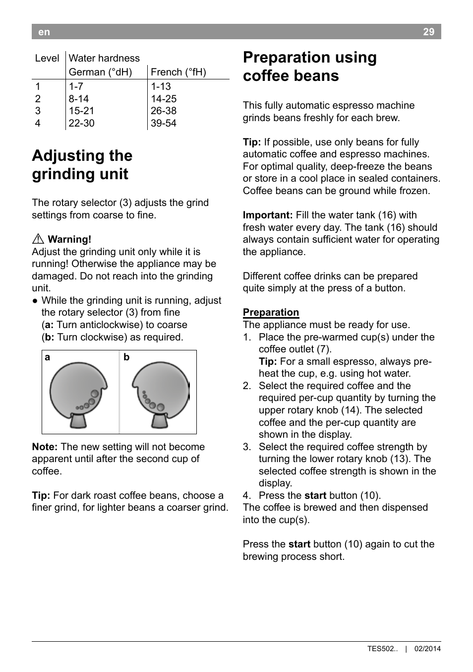 Adjusting the grinding unit, Preparation using coffee beans | Bosch TES50251DE VeroCafe Kaffeevollautomat silber User Manual | Page 33 / 90