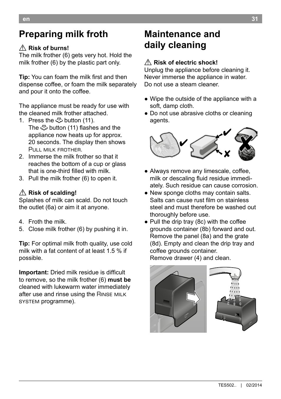 Preparing milk froth, Maintenance and daily cleaning | Bosch TES50251DE VeroCafe Kaffeevollautomat silber User Manual | Page 35 / 90