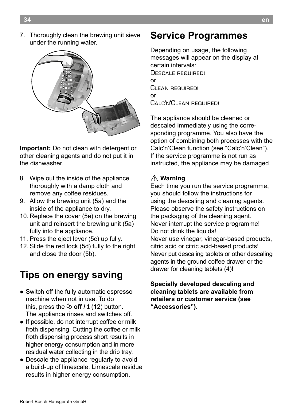 Tips on energy saving, Service programmes | Bosch TES50251DE VeroCafe Kaffeevollautomat silber User Manual | Page 38 / 90