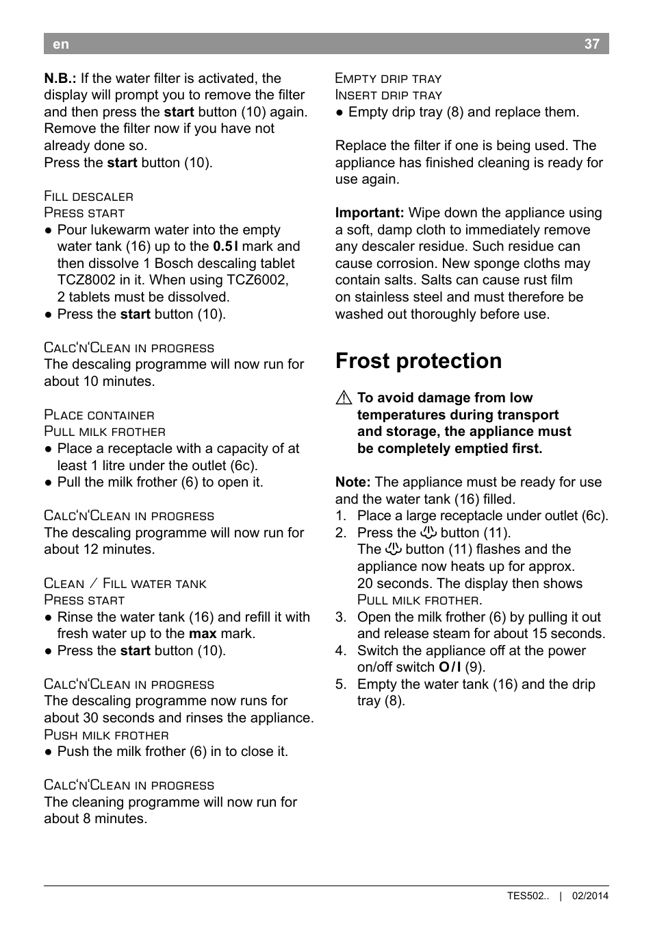 Frost protection | Bosch TES50251DE VeroCafe Kaffeevollautomat silber User Manual | Page 41 / 90